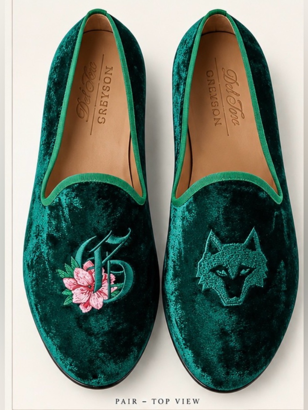 Del Toro Originals Emerald Velvet Embroidered Smoking Slippers- 6